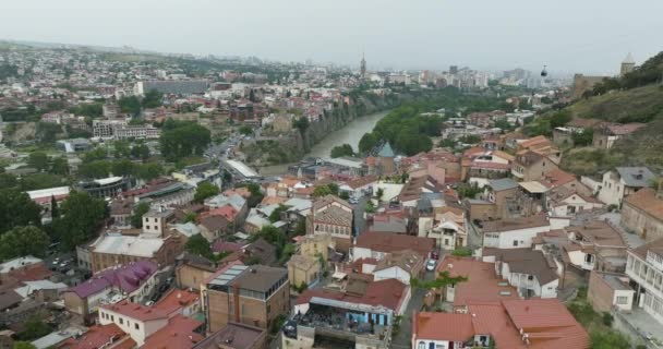 Drone Shot Old Tbilisi Neighborhood Narikala Fortress Kura River — Video