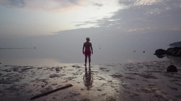 Vue Arrière Homme Voyageur Jouissant Bord Mer Coloré Coucher Soleil — Video