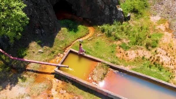 Aerial Girl Long Dress Walking Concrete Water Reservoir Abandoned Mine — Vídeos de Stock