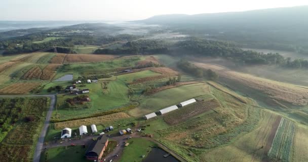 Вид Воздуха Сельскую Местность Западной Вирджинии Фермами Полями Горами Туманом — стоковое видео