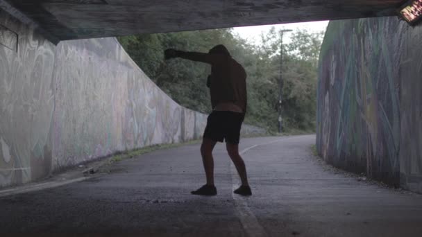 Wide Shot Young Attract Man Boxing Underpass Slow Motion Ungraded — Stockvideo