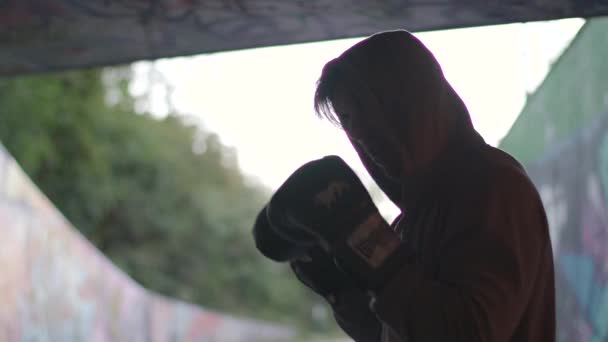 Medium Shot Young Attractive Man Boxing Underpass Slow Motion — Vídeo de stock