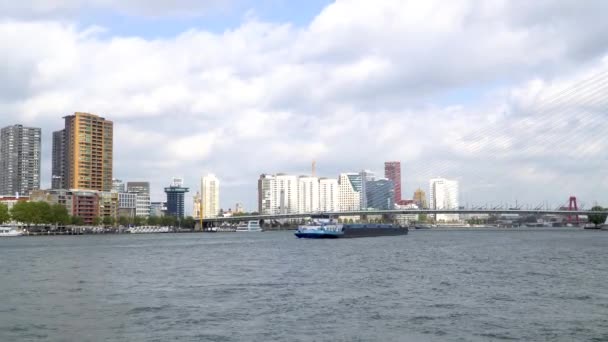 View Skyline Rotterdam Erasmus Bridge Some Boats — ストック動画