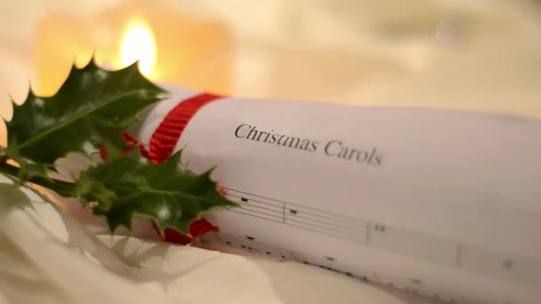 Christmas Carol Music Sheet Holly Candlelight — Αρχείο Βίντεο