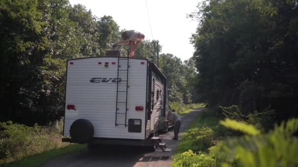 Elderly Man Climbing Ladder Back His — Stok video