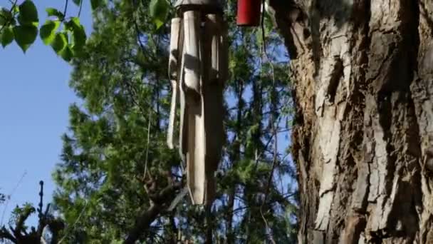 Hölzerne Windspiele Auf Einem Baum Einem Windigen Garten — Stockvideo