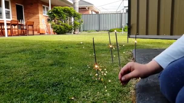 Fire Sparklers Lit Backyard Child — Vídeos de Stock