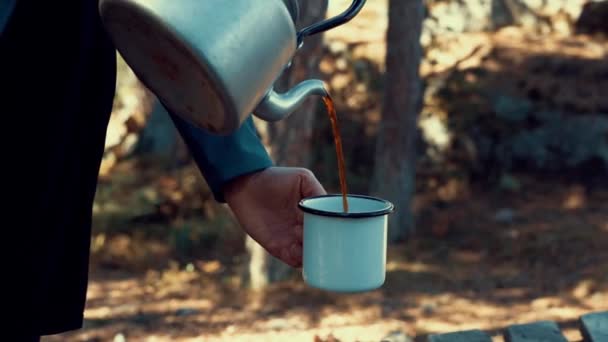 Camper Pouring Hot Coffee Mug — 图库视频影像