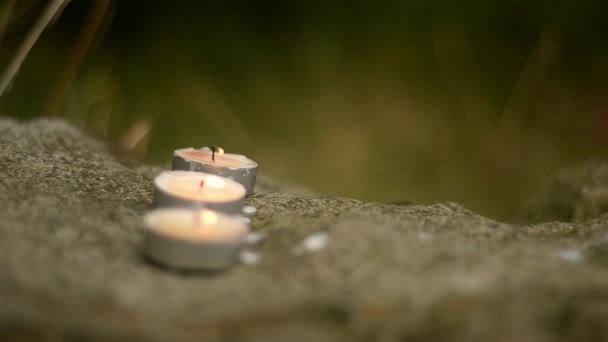 Tres Velas Tee Light Que Soplan Las Rocas Del Bosque — Vídeo de stock