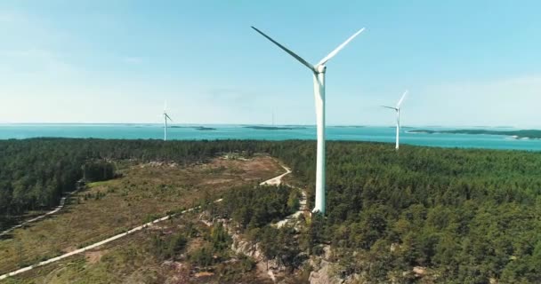 Aerial Tracking Shot Some Static Wind Turbines Island Finnish Archipelago — Stock video