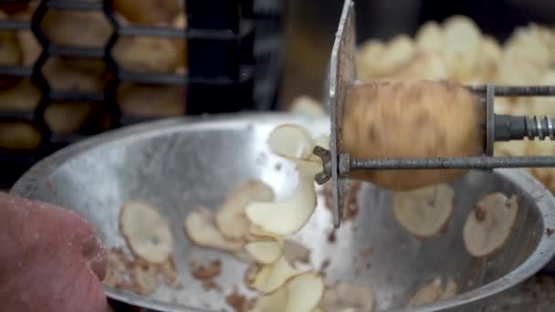 Slow Motion Potato Chip Drill Making Chip Slices Curly Fries — Stockvideo