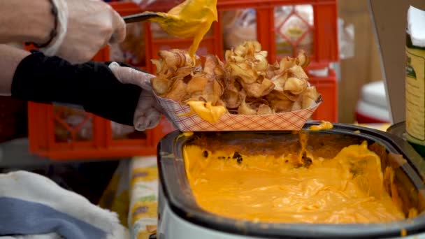Slow Motion Putting Cheese Sauce Serving Tornado Curly Potato Fries — Vídeos de Stock