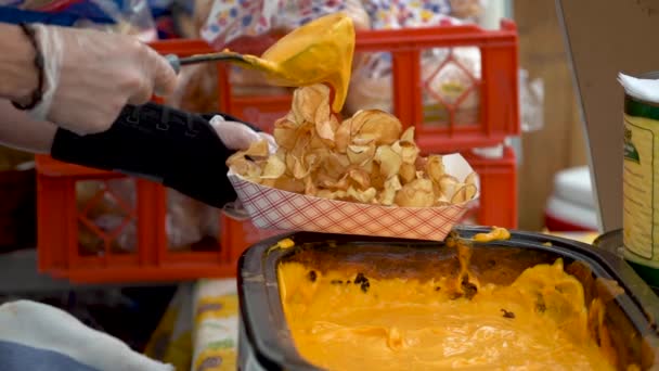 Slow Motion Closeup Putting Cheese Sauce Serving Tornado Curly Potato — Stockvideo