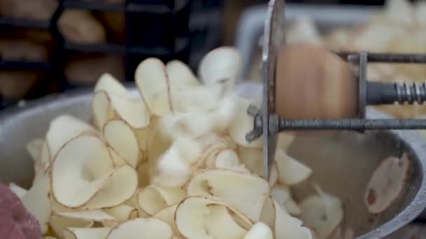 Closeup Ribbons Curly Potatoes Spinning Out Tornado Cutter — Stockvideo