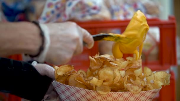 Extreme Closeup Slow Motion Putting Cheese Sauce Serving Tornado Curly — Stockvideo