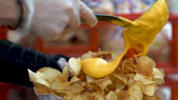 Closeup Someone Putting Cheese Sauce Serving Curly Fries — Vídeo de Stock