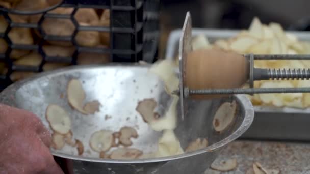 Closeup Potato Going Tornado Potato Cutter Churning Out Curly Fries — Stock video