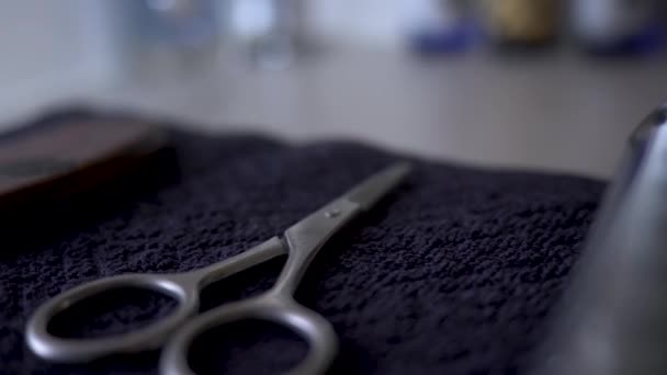 Mens Beard Scissors Hair Care Products Tools Bathroom Counter Close — 비디오