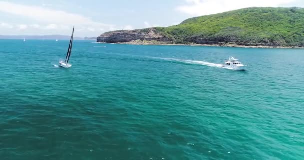 Slow Orbiting Aerial Shot Sail Boat Traveling Speed — Stockvideo