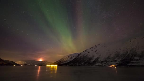Northernlight Norway Frozen Lake Frozen Night Green Light Night Sky — Stockvideo