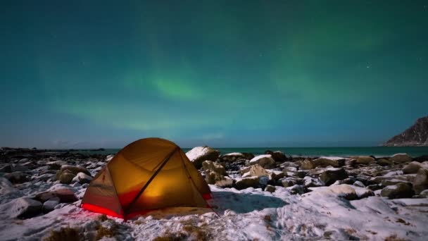 Astrophotographer Went Norway Taking Photo Aurora Here Camp Site — Vídeo de stock