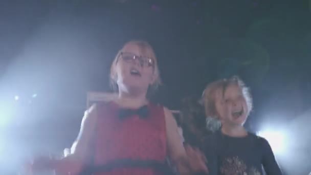 Kids Dance Jump Whilst Foam Machine Makes Foam Bubbles Every — Vídeo de Stock
