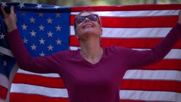 Slow Motion Woman Wrapping Flag Her Head Body Smiling — Vídeos de Stock