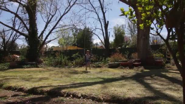 Boy Swinging Garden Swing Big Tree — Vídeo de Stock