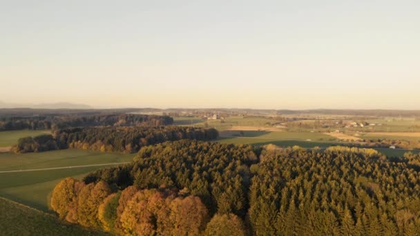 Clip Aéreo Llanura Bávara Con Bosque Primer Plano Una Carretera — Vídeos de Stock