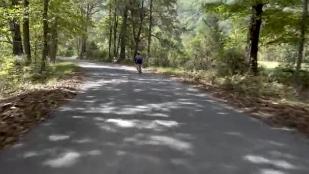 Camera Moving Catching Woman Biking Shady Rural Road River Her — Vídeos de Stock