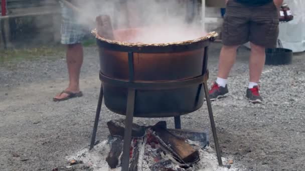 Closeup Someone Stirring Steaming Apple Butter Large Wood Fired Cauldron — Stockvideo