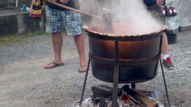 Closeup Someone Stirring Steaming Apple Butter Large Wood Fired Cauldron — Vídeo de Stock