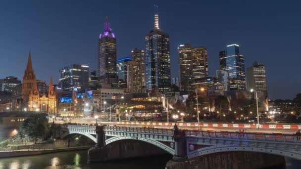 Melbourne Southbank Panning Time Lapse Захоплюючи Плавний Перехід Дня Ночі — стокове відео