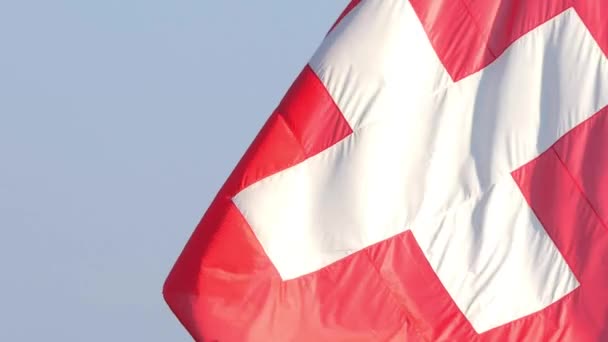 Slow Motion Close Shot Swiss Flag Floating Wind Sunny Day — Stock video