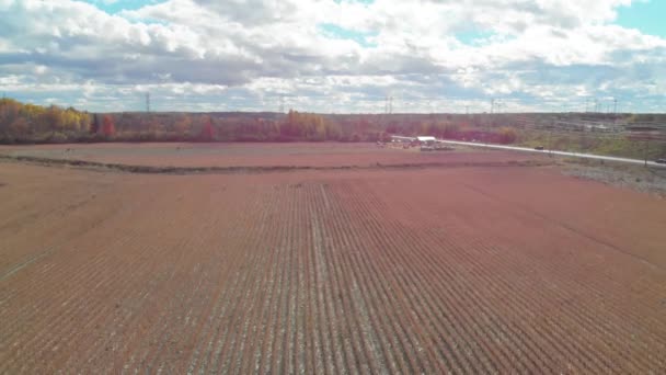 Lowering Aerial Shot Tree Tops Just Pumpkin Patch Highway Back — ストック動画