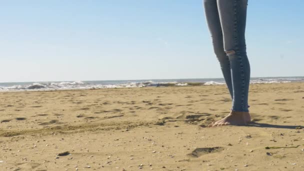 Medium Shot Female Legs Kicking Sand Beach Twice — Stockvideo