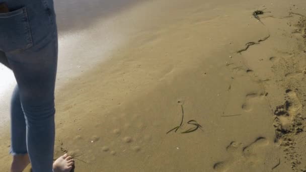 Female Legs Walk Beach Leave Footprints — Stock Video