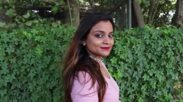 Wind Blowing Hair Beautiful Indian Woman Smiling Looking Camera — Stockvideo