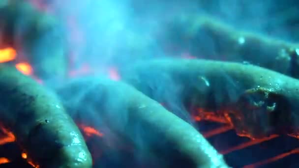 Closeup Sausages Grilling Fiery Hot Grill Smoke Pouring — Video