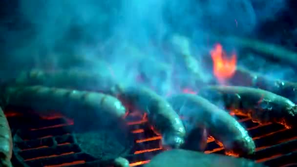 Sausages Grilling Fiery Hot Grill Smoke Pouring — 비디오