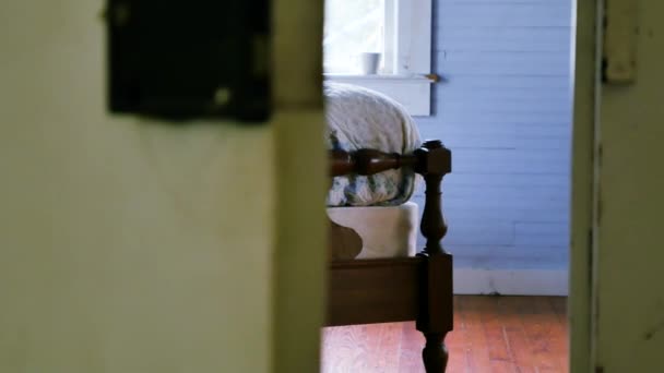 Smooth Left Right Dolly Shot Reveals Vintage Wooden Bed Being — Wideo stockowe