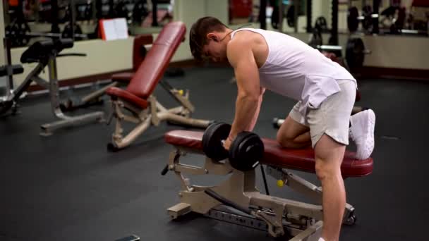 Rear Side Shot Young Bodybuilder Doing One Arm Dumbbell Rows — Video Stock