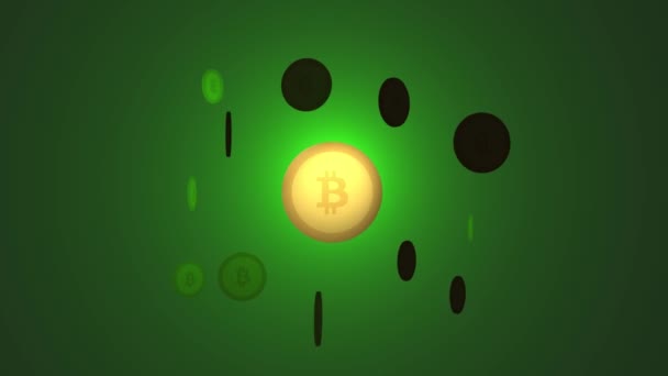 Slow Push Animation Multiple Bitcoins Spinning Slowly Shining One Bitcoin — Video Stock