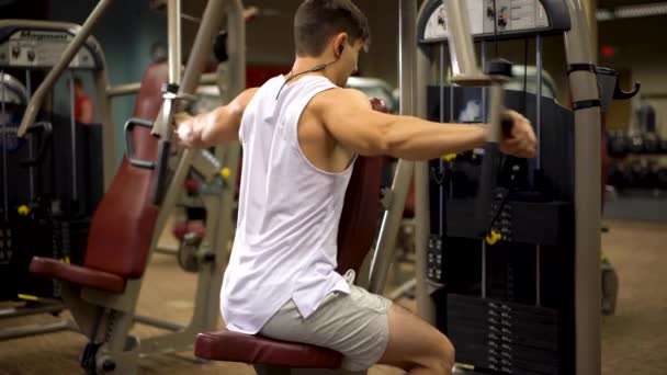 Rear Side Shot Young Bodybuilder Doing Vertical Rear Delt Fly — Vídeos de Stock