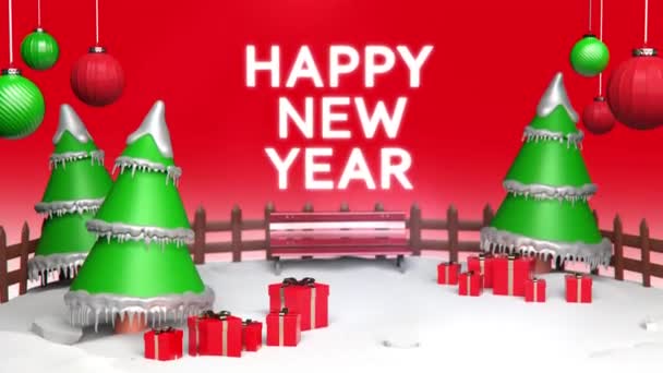 Happy New Year Scene Xmas Noel Tree Red Gift Box — Vídeo de Stock