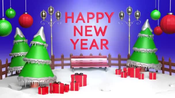 Happy New Year Scene Xmas Noel Tree Red Gift Box — Vídeo de Stock