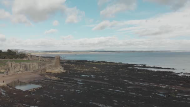 Aerial Drone View Andrews Castle Scotland Slowly Flying Rocky Coastline — Video