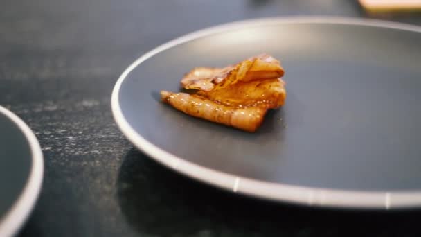 Cooked Piece Sliced Ham Sits Plate — Wideo stockowe