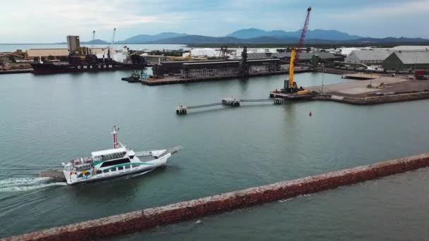 Drone Moving Foward Showing Vehicle Barge Cruising Harbour Industrial Port — Stockvideo