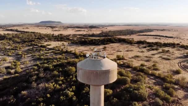 Drone Drop Shot Broadcast Tower Rural Area Sunny Day — Video